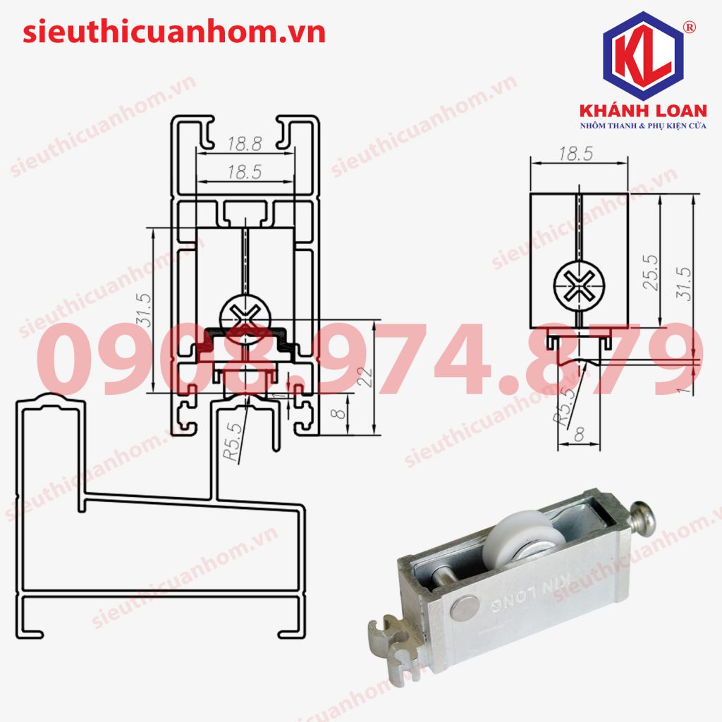 Bánh xe đơn cửa sổ lùa 55 hiệu KinLong chính hãng