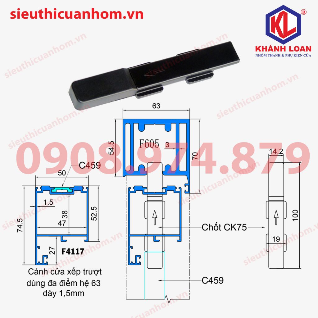 Đầu chốt cánh phụ dài cho cánh xếp trượt hệ 63 có rãnh thanh truyền