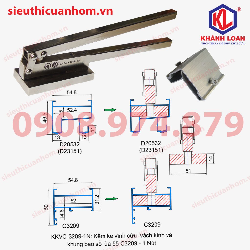 Kềm bấm ke vĩnh cửu khung bao vách kính và khung bao sổ lùa 55 cải tiến và mạ kẽm KKVC-HL-KL-3209-1N loại 1 nút 2 vít