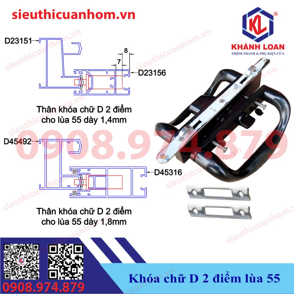 Khóa chữ D 2 điểm cửa lùa nhôm Xingfa hệ 55