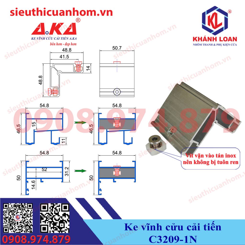 Ke vĩnh cửu cải tiến 1 nút khung bao vách kính và sổ lùa 55 14X51