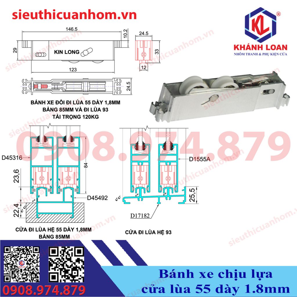 Bánh xe đôi 120kg cửa đi lùa 93 và đi lùa 55 hiệu KinLong chính hãng