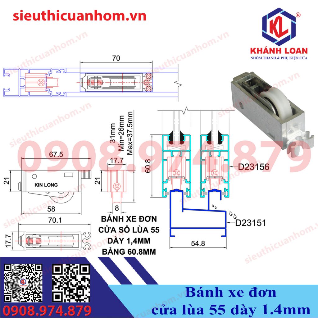 Bánh xe ĐƠN cửa sổ lùa hệ 55 dày 1,4mm, Bánh xe dập cánh, KinLong chính hãng