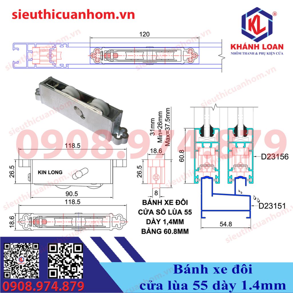 Bánh xe ĐÔI cửa sổ lùa hệ 55 dày 1,4mm, Bánh xe dập cánh, KinLong chính hãng