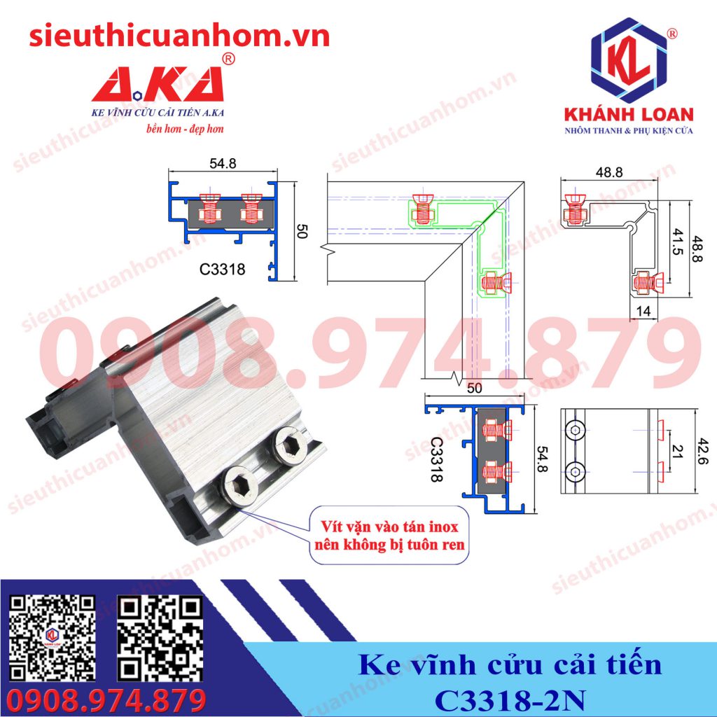 Ke vĩnh cửu cải tiến 2 nút khung bao cửa sổ mở hệ 55 C3318-2N