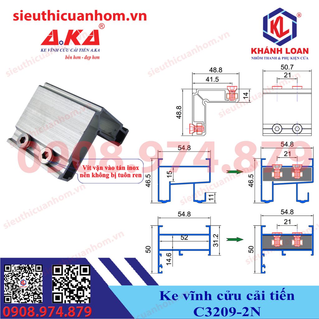 Ke vĩnh cửu cải tiến 2 nút khung bao vách kính và sổ lùa 55 C3209-2N