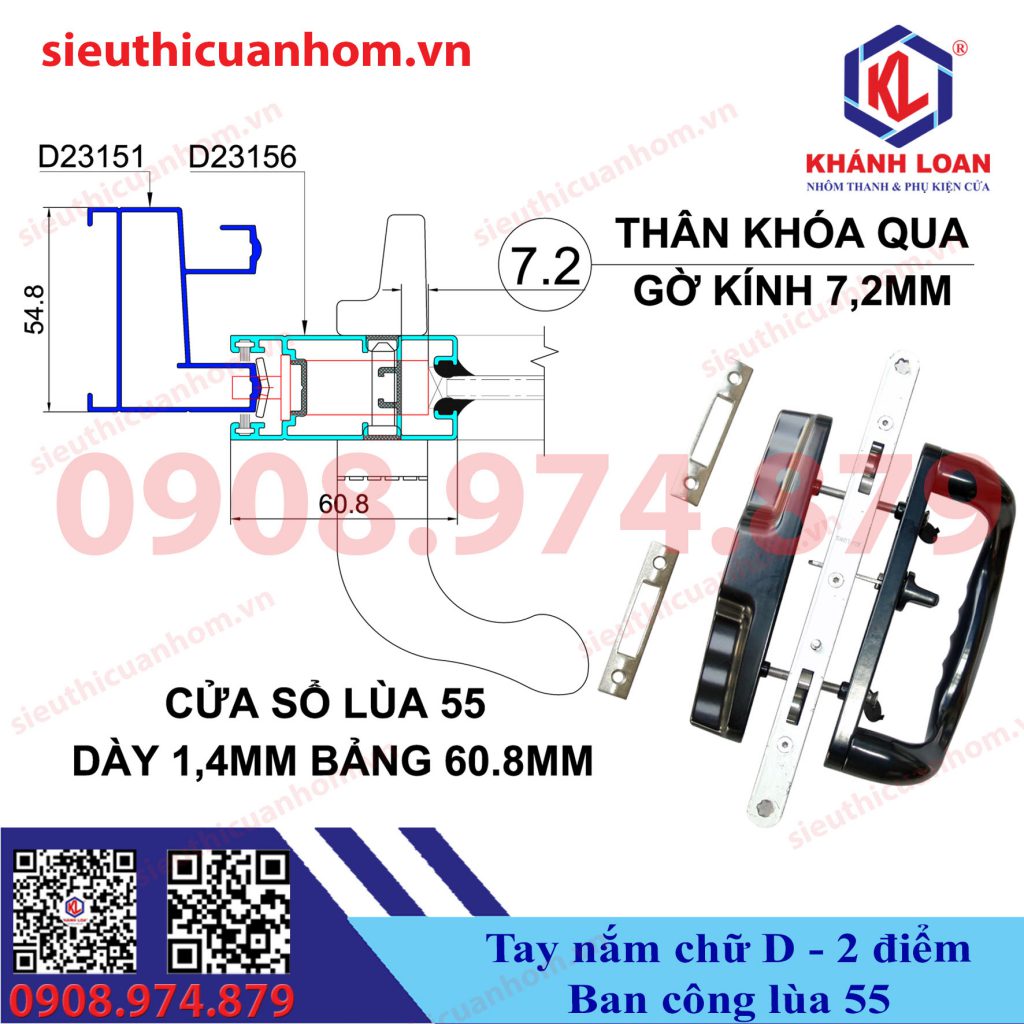 Khóa chữ D 2 điểm cửa lùa ban công nhôm Xingfa hệ 55 dày 1,4mm