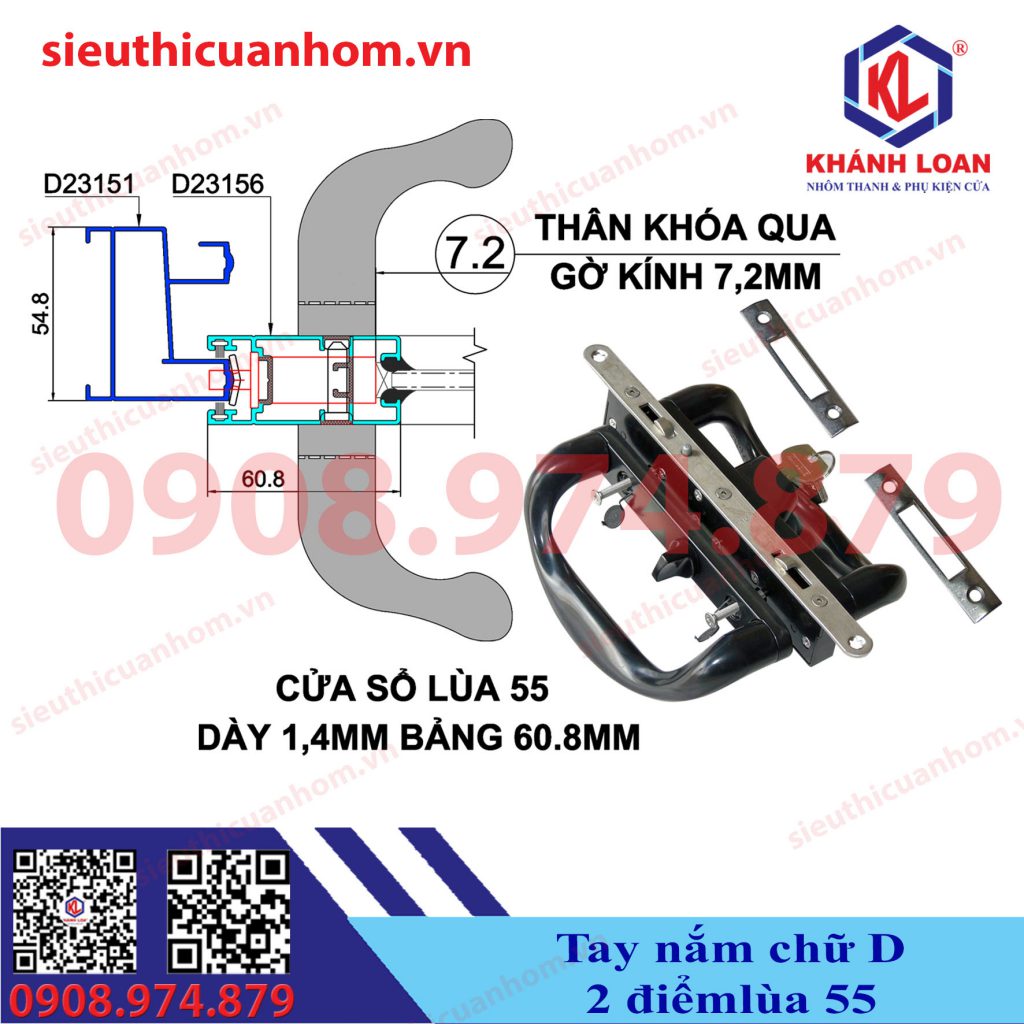 Khóa chữ D 2 điểm cửa lùa nhôm Xingfa hệ 55 dày 1,4mm