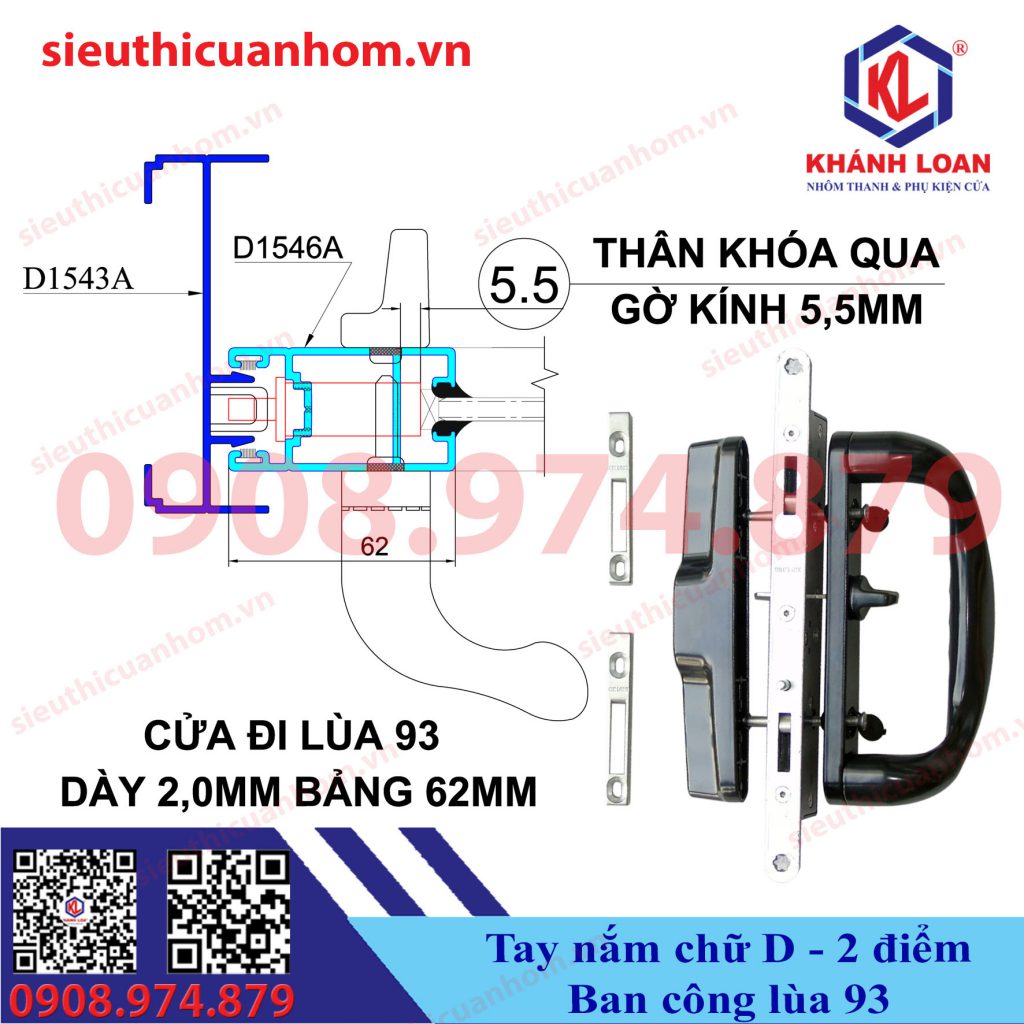 Khóa chữ D 2 điểm cửa lùa ban công nhôm Xingfa hệ 93