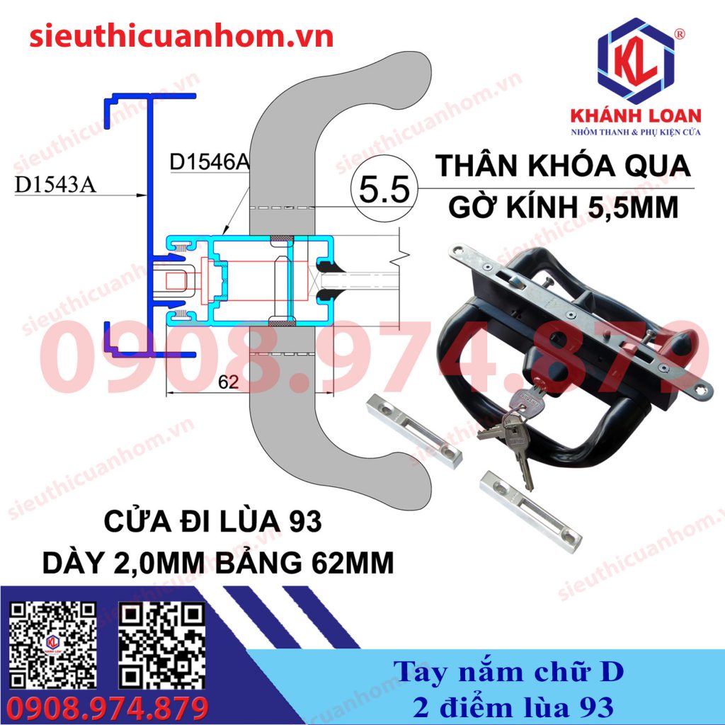 Khóa chữ D 2 điểm cửa lùa nhôm Xingfa hệ 93