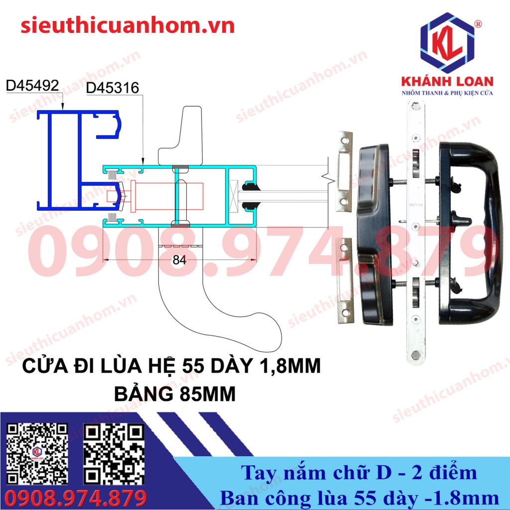 Khóa chữ D 2 điểm cửa lùa ban công nhôm Xingfa hệ 55 dày 1.8mm