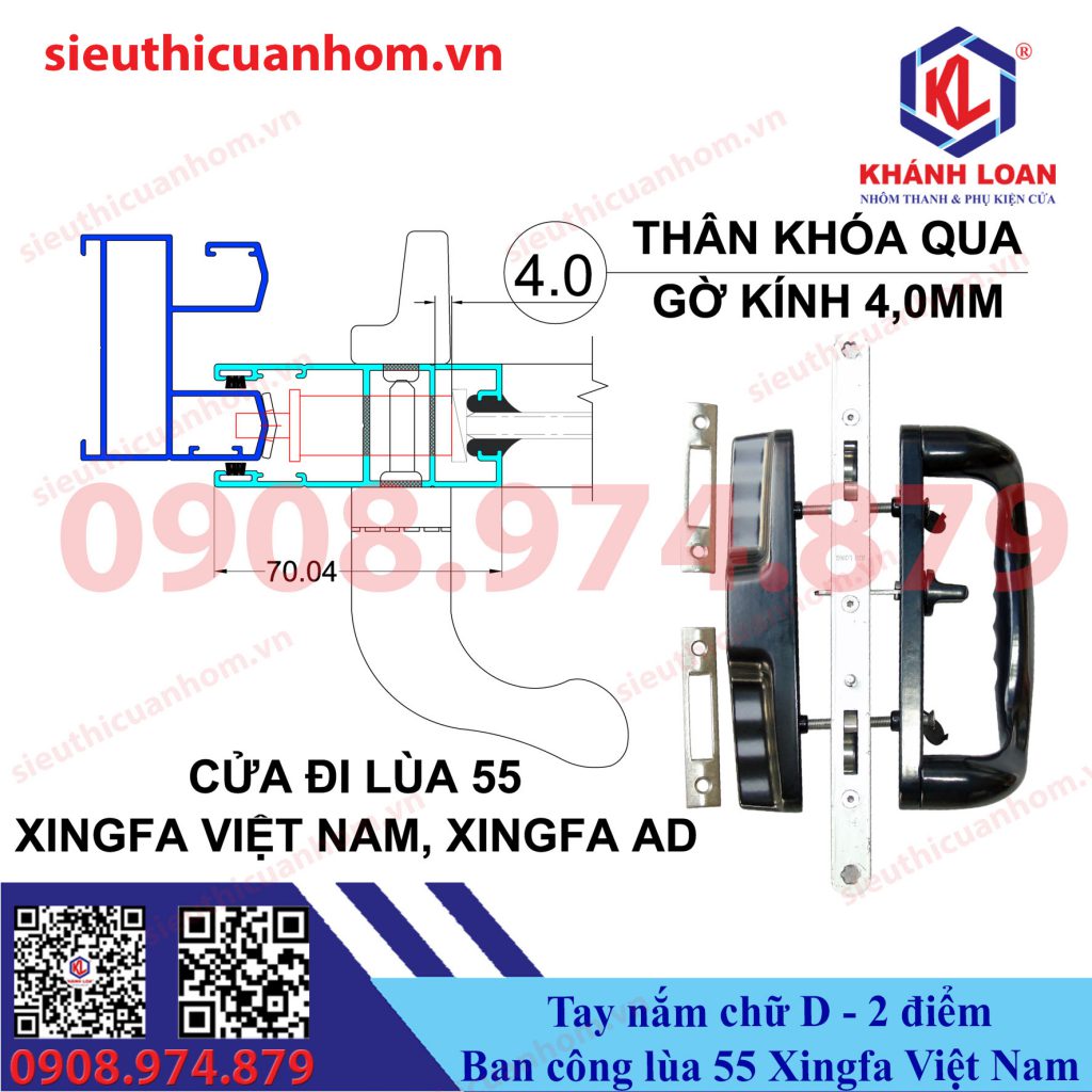 Khóa chữ D 2 điểm cửa lùa ban công hệ 55 nhôm Xingfa Việt Nam