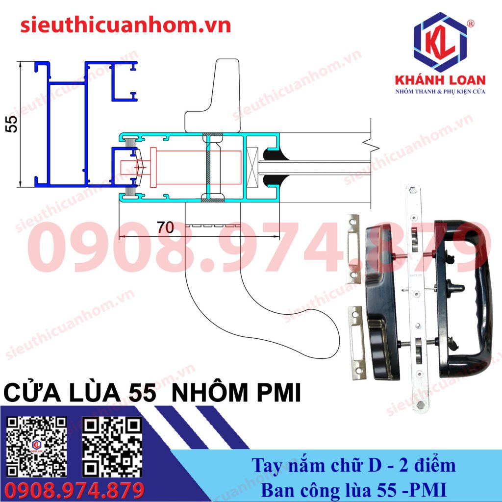 Khóa chữ D 2 điểm cửa lùa ban công hệ 55 nhôm PMI