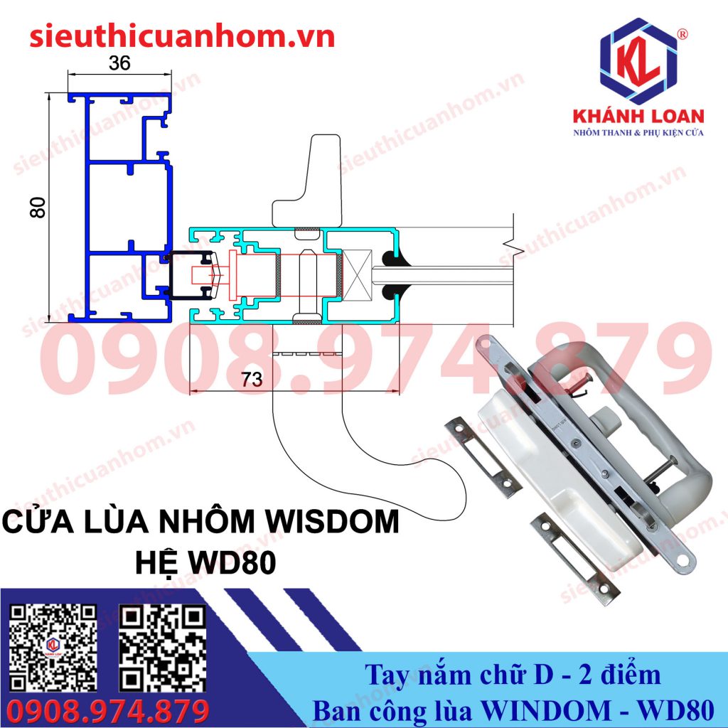 Khóa chữ D 2 điểm cửa lùa ban công nhôm Wisdom hệ WD80