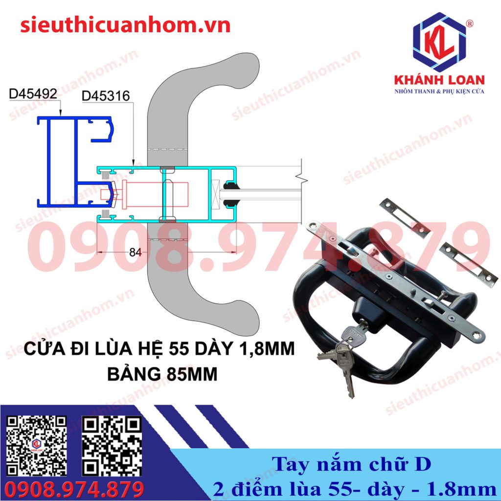 Khóa chữ D 2 điểm cửa lùa nhôm Xingfa hệ 55 dày 1,8mm