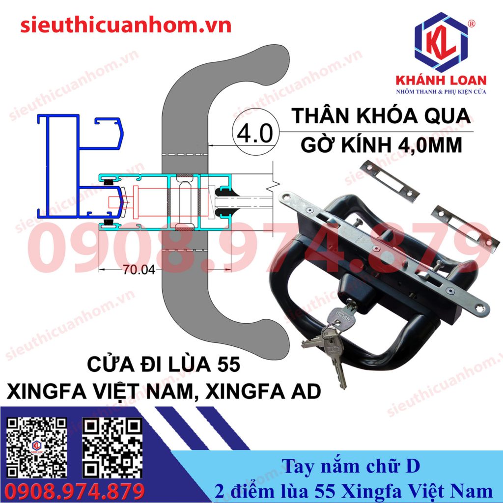 Khóa chữ D 2 điểm cửa lùa nhôm Xingfa Việt Nam