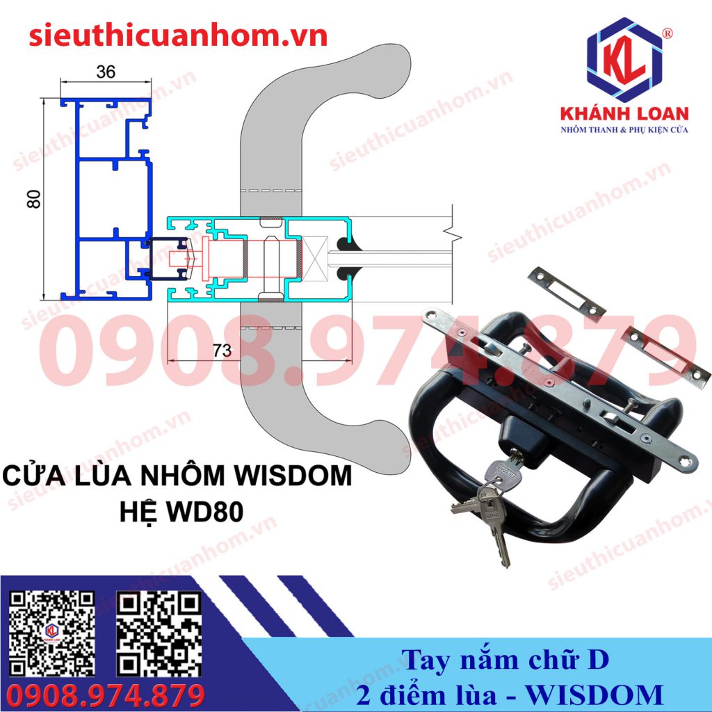 Khóa chữ D 2 điểm cửa lùa nhôm Wisdom