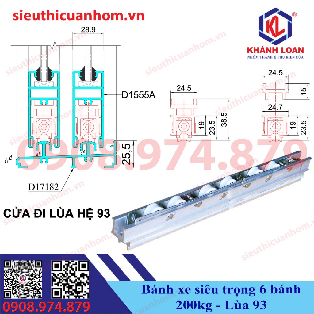 Bánh xe 6 bánh cửa lùa đi hệ 93 nhôm xingfa cửa quá khổ