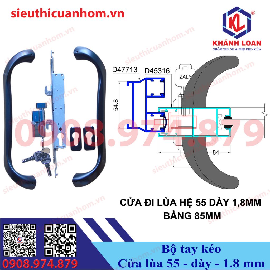 Khóa tay kéo cửa lùa thân nhỏ nhôm Xingfa hệ 55 dày 1.8mm bảng 85mm