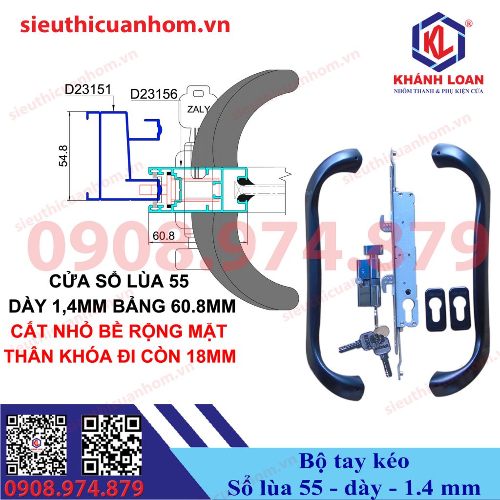 Khóa tay kéo cửa lùa thân nhỏ nhôm Xingfa hệ 55 dày 1.4mm