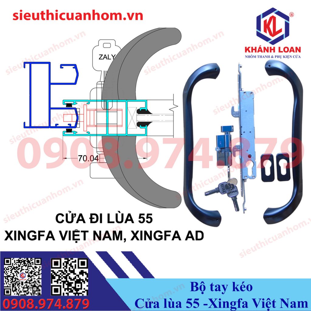 Khóa tay kéo cửa lùa thân nhỏ nhôm Xingfa Việt Nam hệ 55