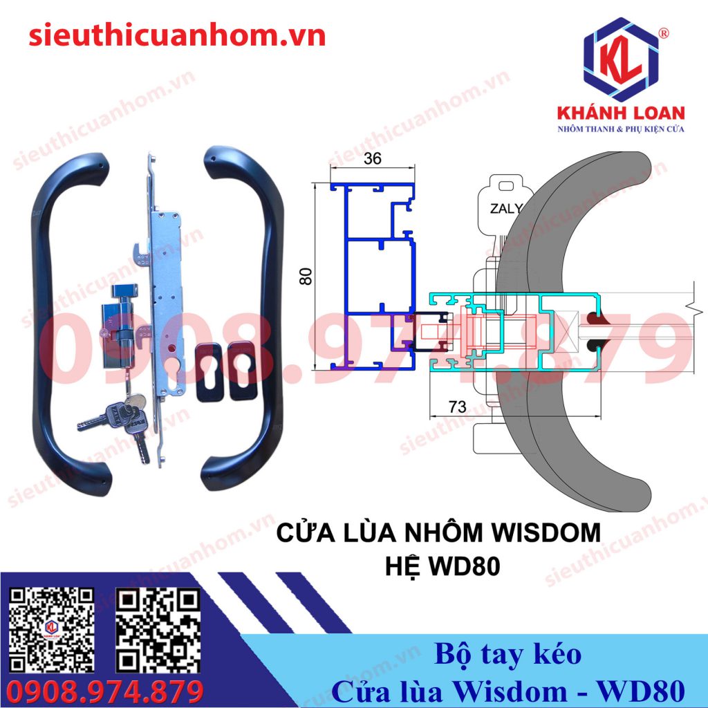 Khóa tay kéo cửa lùa thân nhỏ nhôm Wisdom hệ WD80