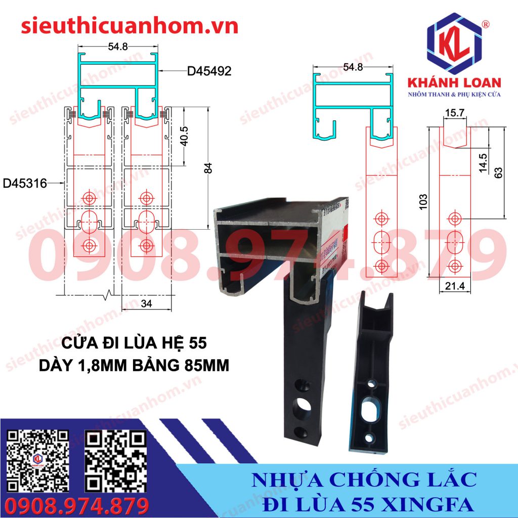 Chống lắc cánh cửa đi lùa nhôm Xingfa hệ 55 dày 1.8mm