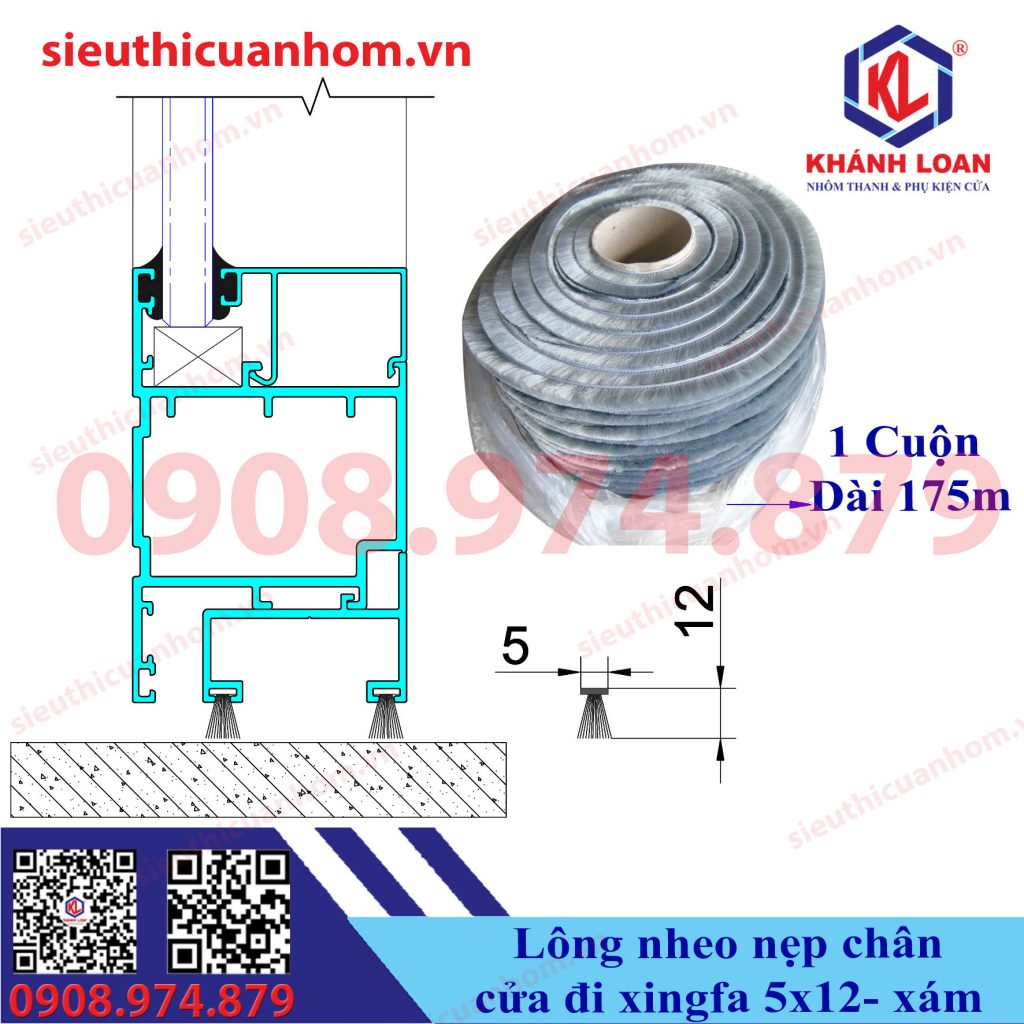 Gioăng nỉ ốp chân cánh cửa đi nhôm Xingfa hệ 55 5X12 Xám