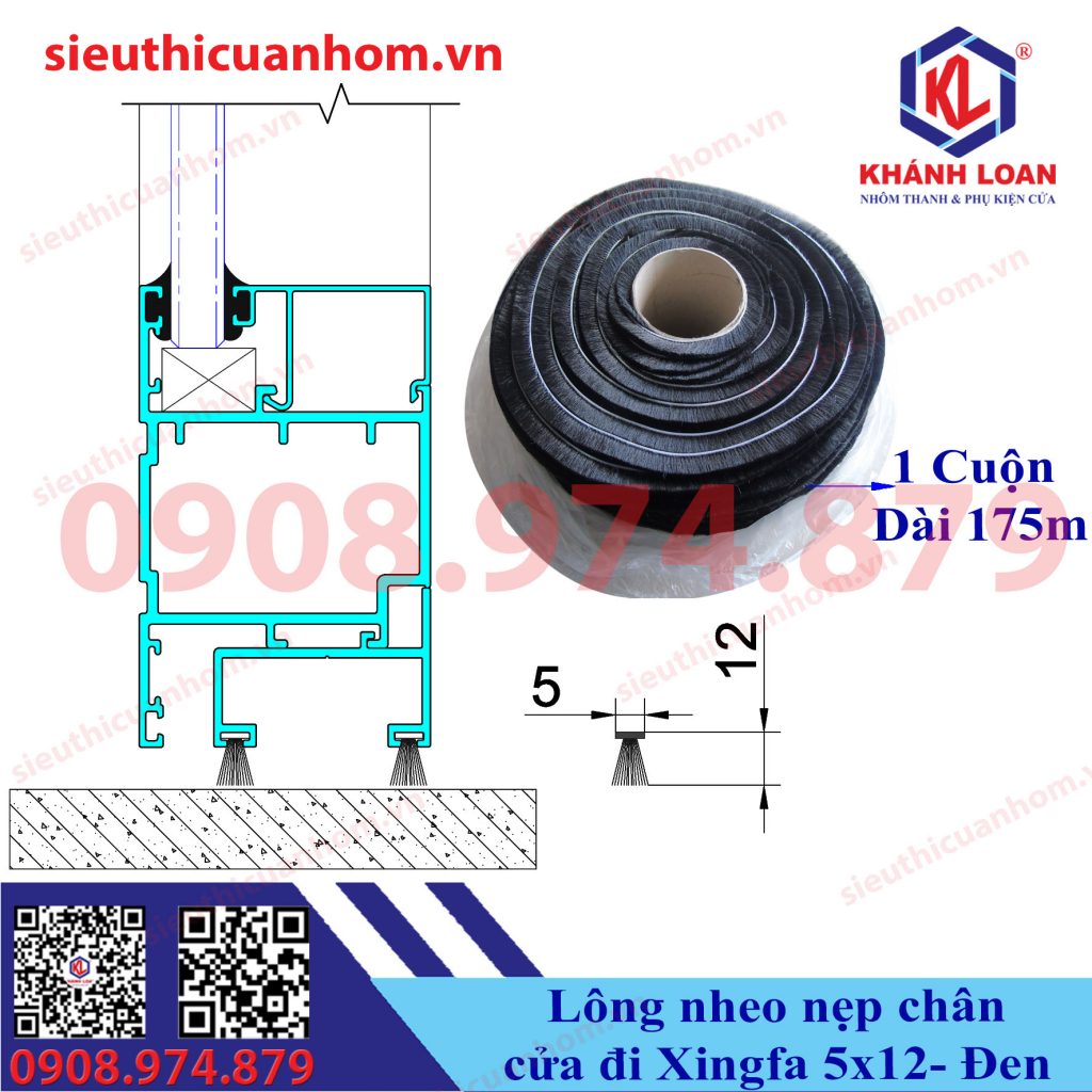 Gioăng nỉ nẹp chân cánh cửa đi nhôm Xingfa hệ 55 5X12 đen