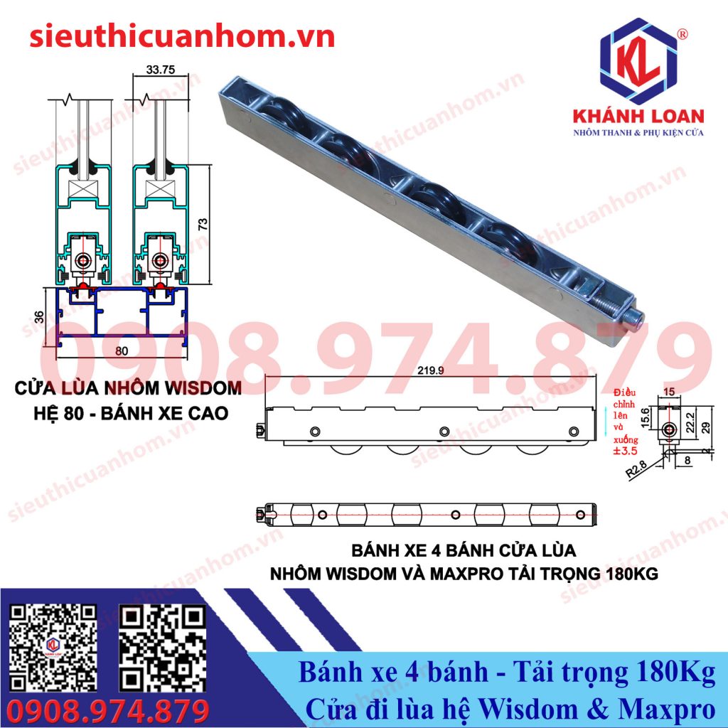 Bánh xe 4 bánh cửa lùa nhôm Wisdom và Maxpro