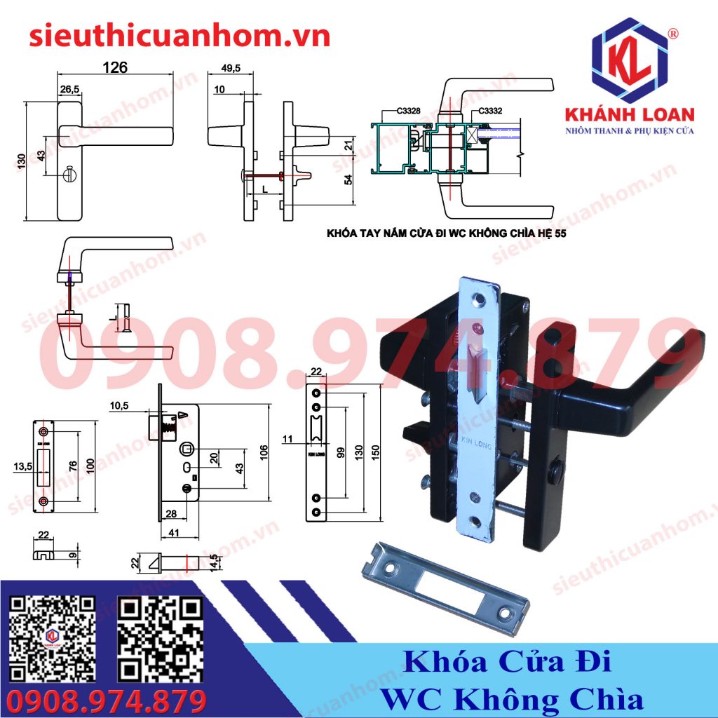 Khoá cửa vệ sinh không chìa nhôm Xingfa hệ 55 hiệu KinLong chính hãng