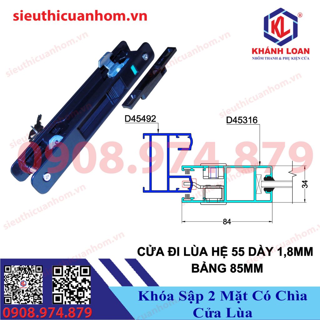 Khóa sập 2 mặt có chìa cửa lùa hiệu KinLong chính hãng