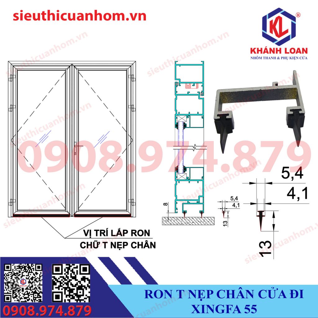 Ron chữ T nẹp chân cửa đi nhôm Xingfa hệ 55