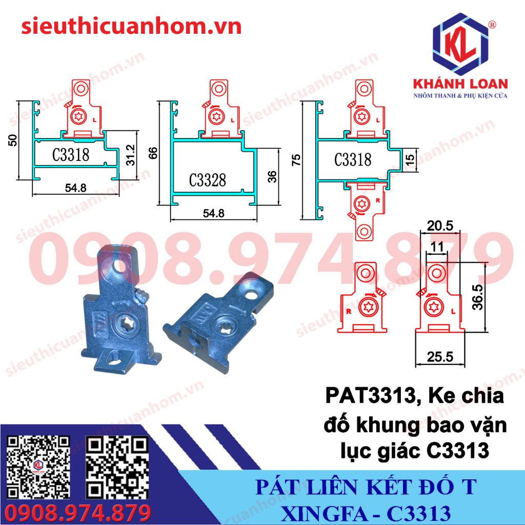 Ke chia đố khung bao C3313 nhôm Xingfa hệ 55