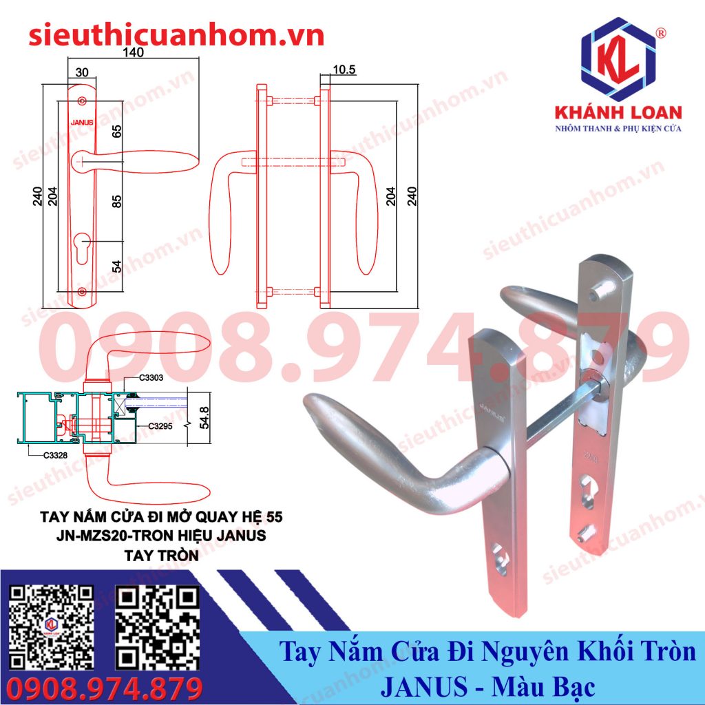 Tay nắm cửa đi hệ 55 hiệu Janus tay tròn màu bạc