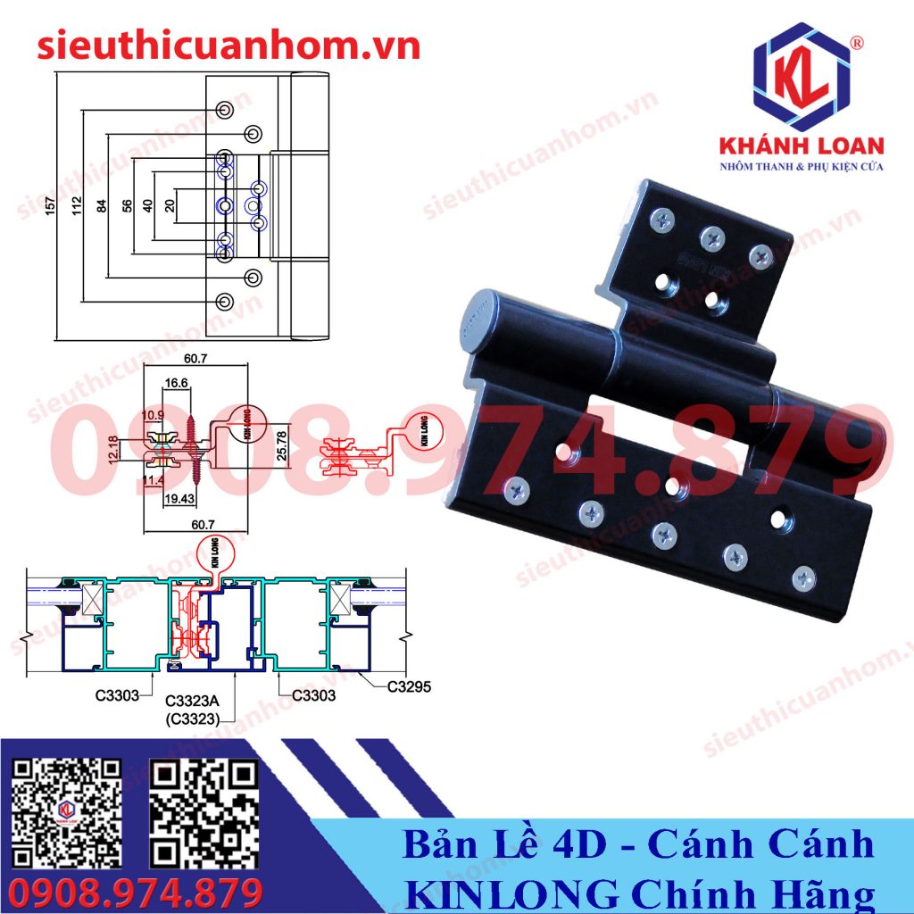 Bản lề 4D cánh cánh cải tiến dài 150mm cửa 4 cánh nhôm Xingfa hệ 55 hiệu KinLong chính hãng