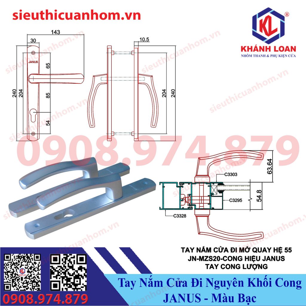 Tay nắm cửa đi hệ 55 hiệu Janus tay cong màu bạc