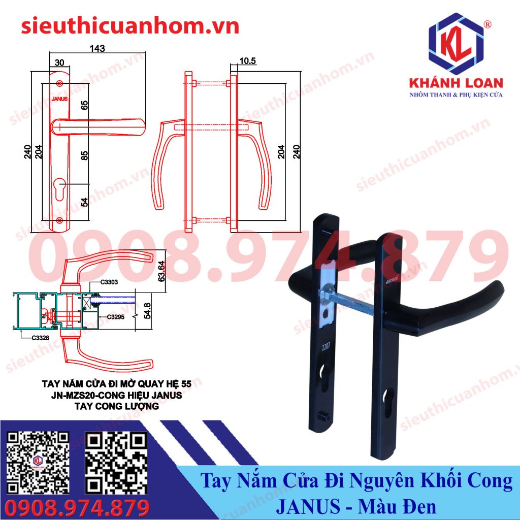 Tay nắm cửa đi hệ 55 hiệu Janus tay cong lượng màu đen