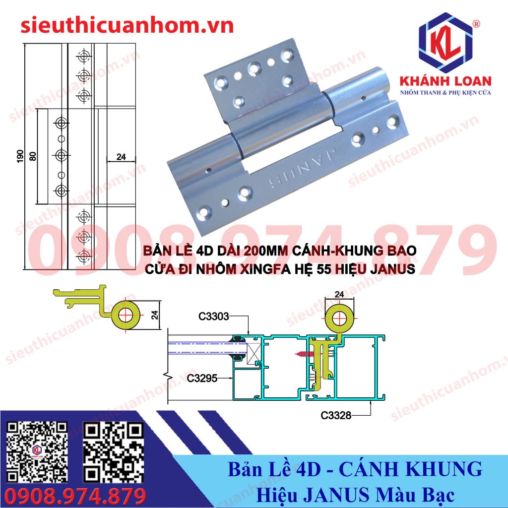 Bản lề 4D cánh khung Xingfa 55 hiệu Janus màu bạc