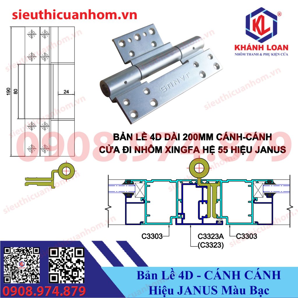 Bản lề 4D cánh cánh Xingfa 55 hiệu Janus màu bạc