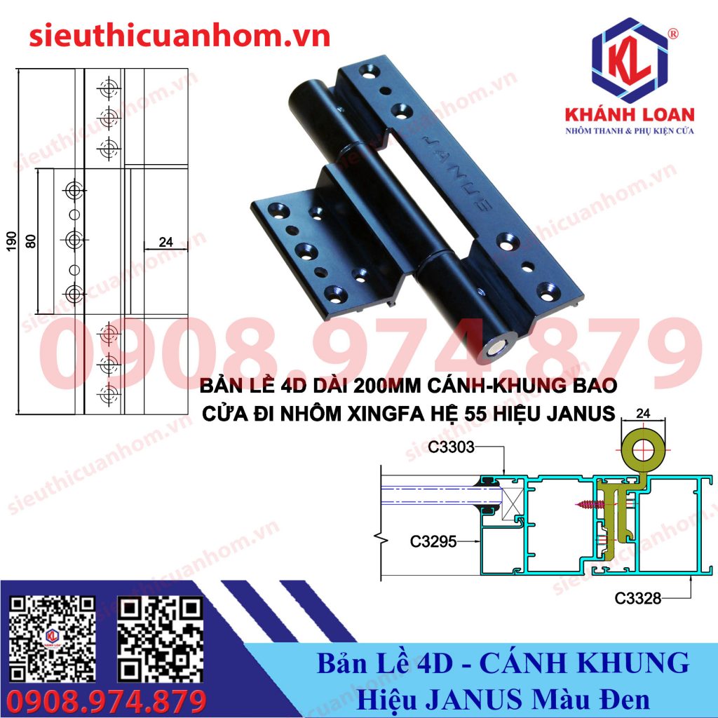 Bản lề 4D cánh khung Xingfa 55 hiệu Janus màu đen