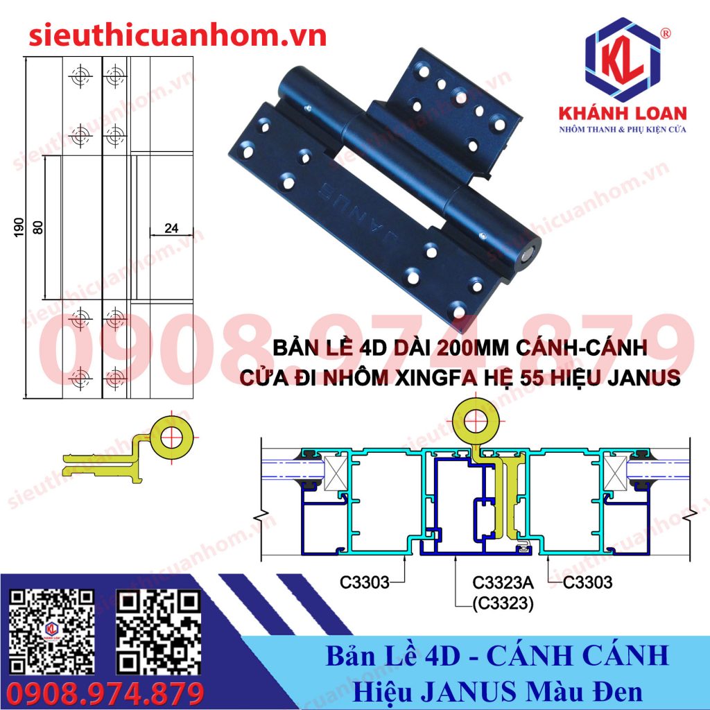 Bản lề 4D cánh cánh Xingfa 55 hiệu Janus màu đen