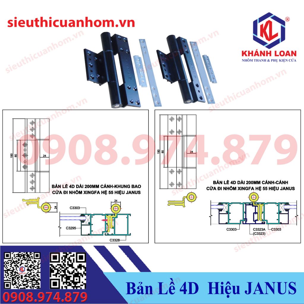 Bản lề 4D nhôm Xingfa hệ 55 hiệu Janus