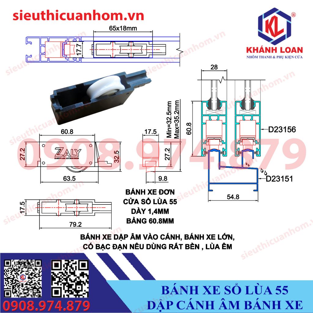 Bánh xe đơn chất lượng cửa sổ lùa 55 dày 1,4mm hiệu Zaly