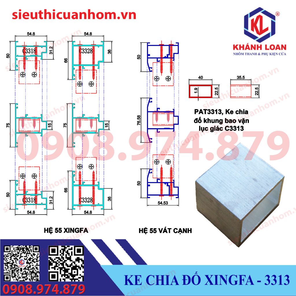 Pat hộp chữ nhật chia đố khung bao hệ 55