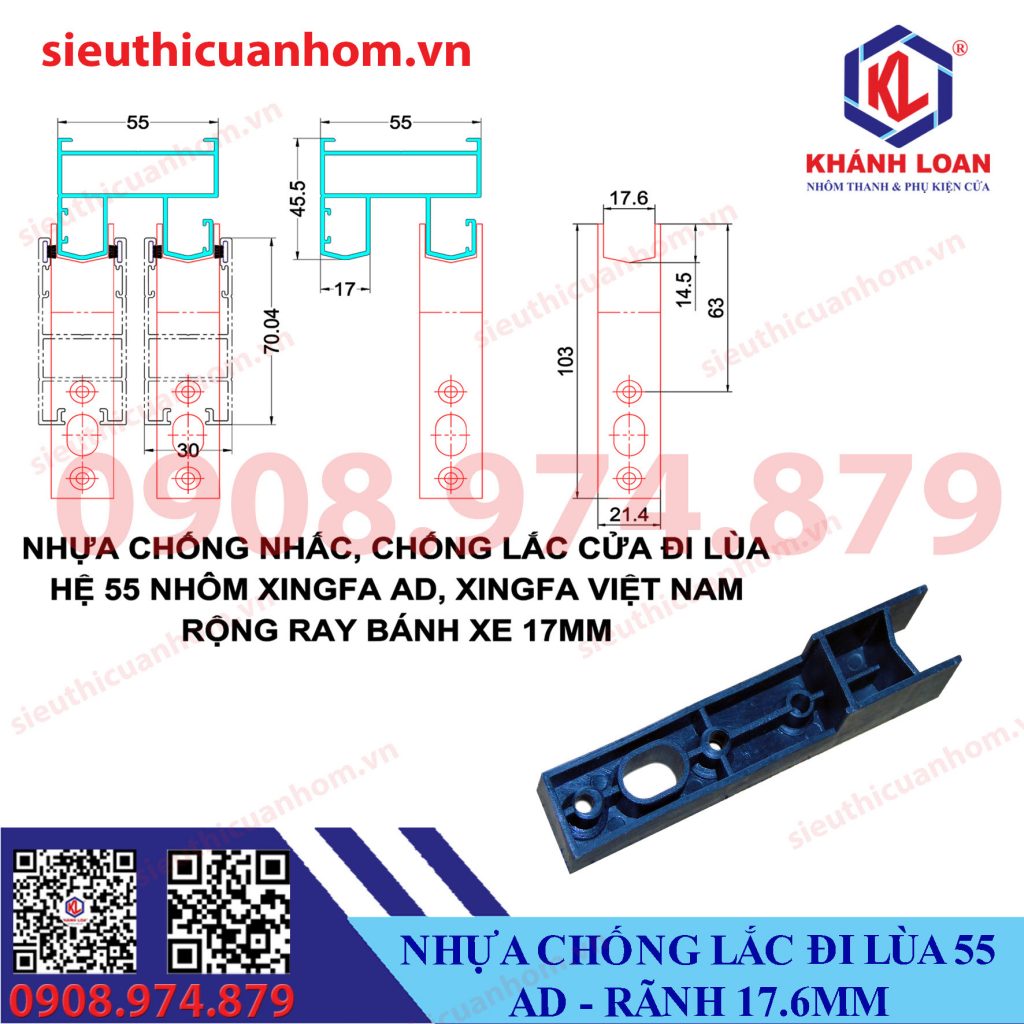 Chống lắc cửa đi lùa nhôm AD, Xingfa Việt Nam hệ 55 ray rộng 17mm