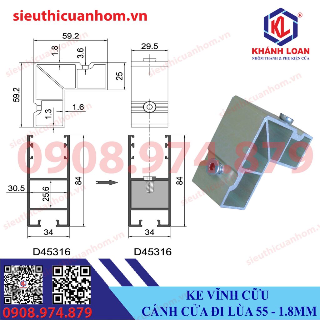 Ke vĩnh cửu cánh cửa đi lùa hệ 55 dày 1.8mm