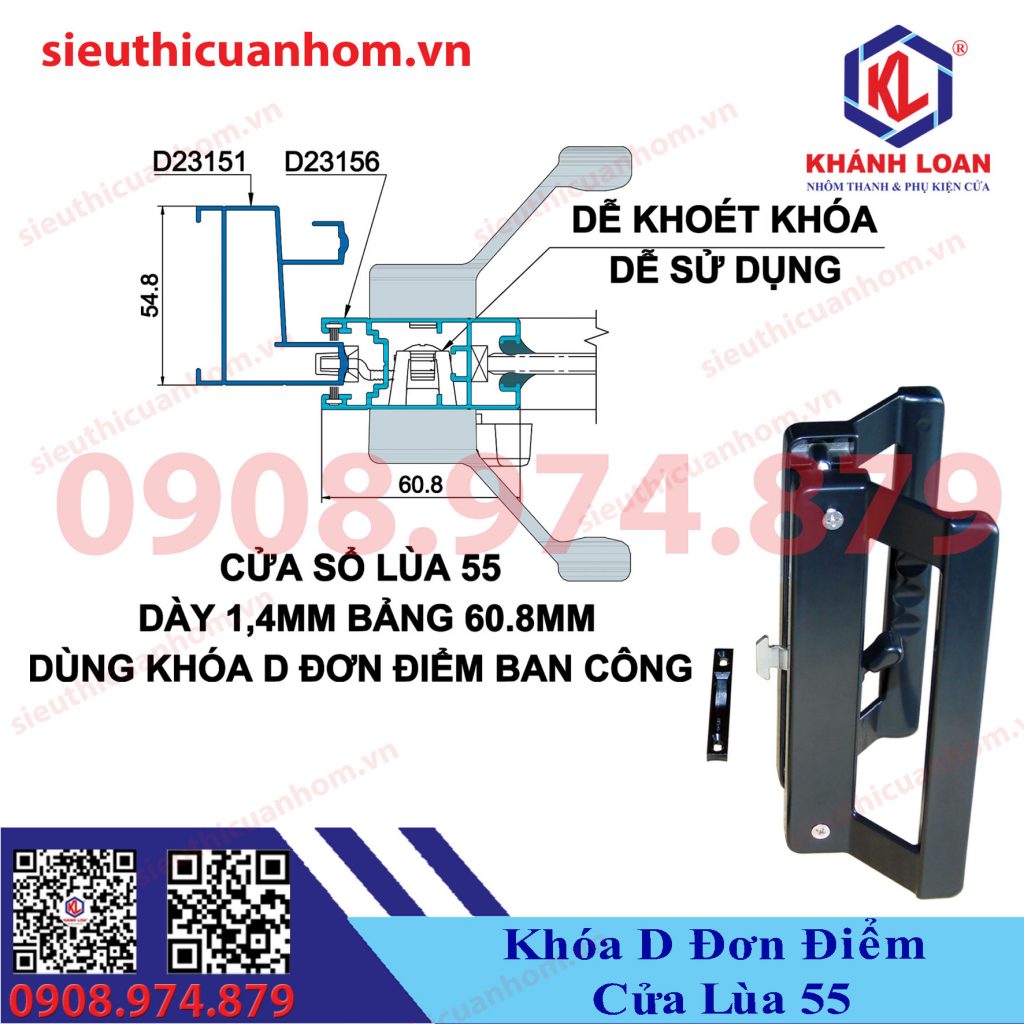 Khóa chữ D cải tiến đơn điểm cửa lùa ban công hệ 55 sổ lùa