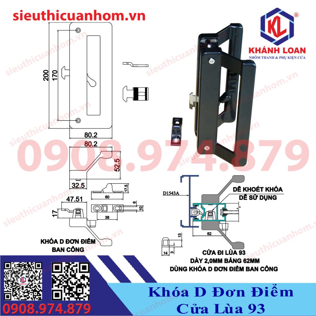 Khóa chữ D cải tiến đơn điểm cửa lùa ban công hệ 93