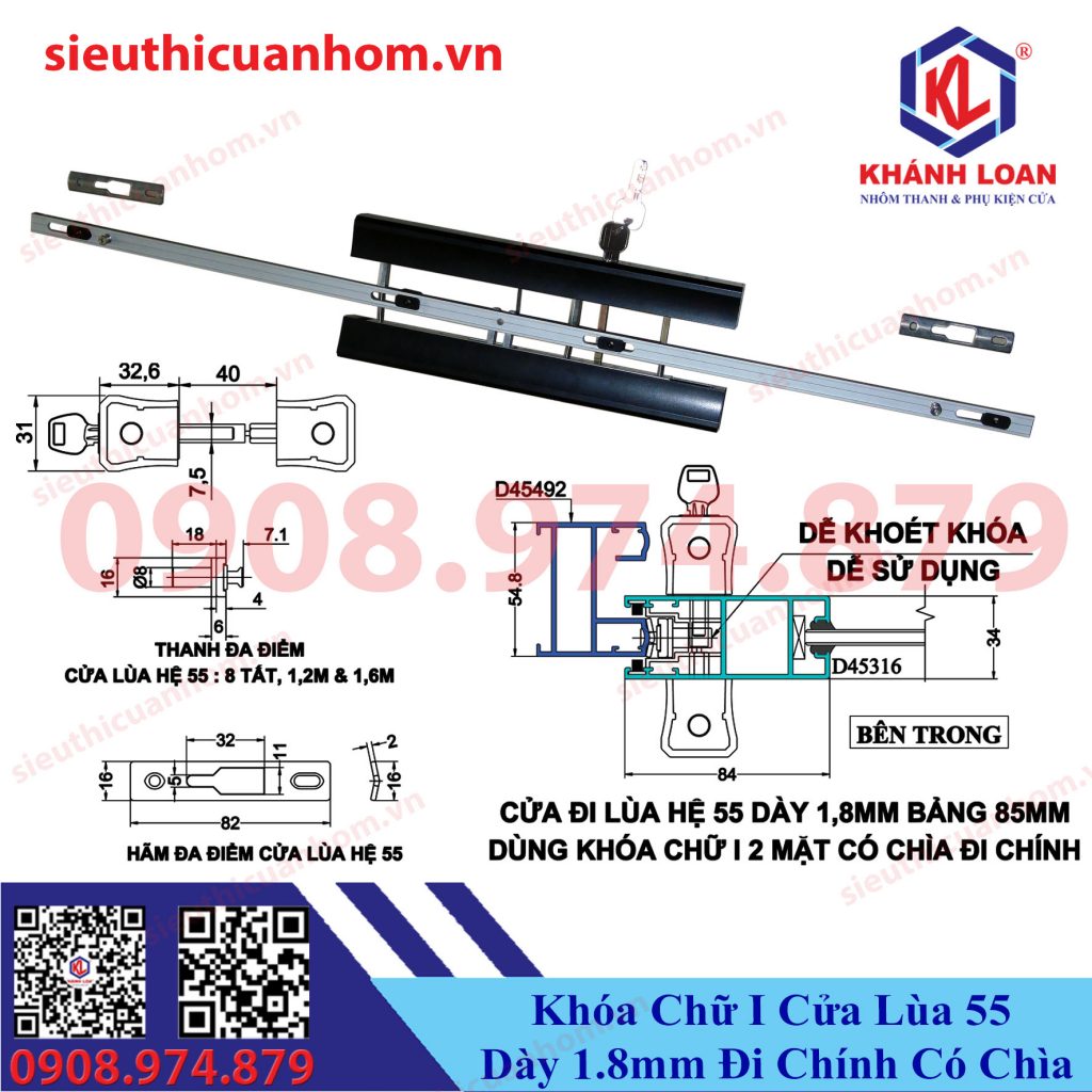 Khóa chữ I metro cửa lùa Xingfa hệ 55 bảng 85mm